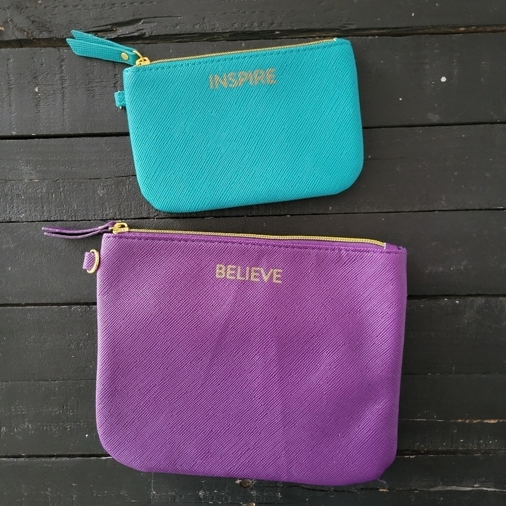 Joy Mangano 2 Pc Believe Inspire Purple Blue Nesting Makeup Bags Wallet Clutch